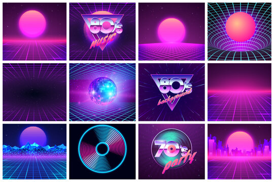 Retro futuristic background in 1980s style. Set of retro illustration for wallpaper or vinyl cover design