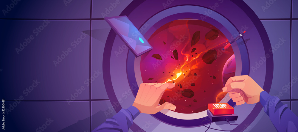 Aufkleber male hands push home button front of spaceship porthole with view of space with star explode. astron