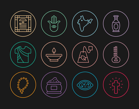Set line Christian cross, Sitar, India map, Aroma lamp, Indian man dress, constitution day, Tea bag and Hamsa hand icon. Vector