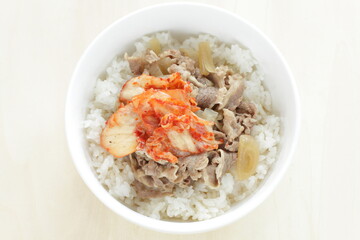Japanese food, beef and onion simmered with Kimchi on rice  Gyudon Beef bowl