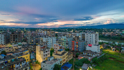 Aerial view of Indian city during twilight