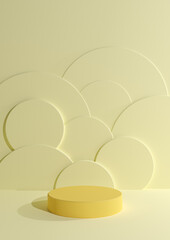 Pastel, light, citrus yellow 3D rendering simple, minimal, blank product photography display with one cylinder podium stand with circle bubbles in the background for cosmetic products