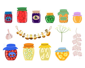 A set of preparations for the winter, jars of jam and pickles, dried mushrooms, a bundle of garlic in a cartoon style