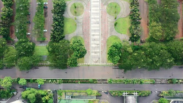 aerial top down view of park at GBK Stadium in Jakarta Indonesia