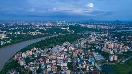 Aerial view of Indian city during twilight