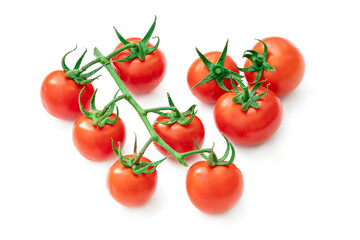 Delicious and rich tomatoes on a branch with drops of water, isolated on a white background. Agricultural harvest and daily healthy food