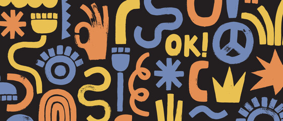 Background with colorful hand painted shapes, curls, forms, brush strokes and doodle objects. © olechkaart