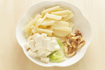 Korean soup ingredient, dried fish and tofu with potato