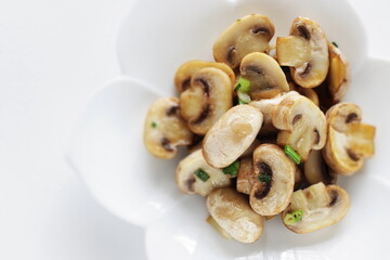 Chinese food, spring onion and mushroom stir fried for vegetarian dishes