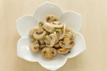 Chinese food, spring onion and mushroom stir fried for vegetarian dishes