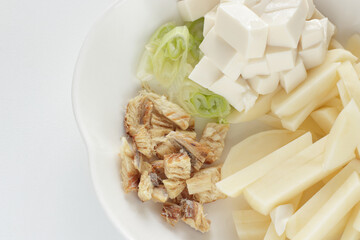 Korean soup ingredient, dried fish and tofu with potato