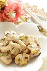 Chinese food, spring onion and mushroom stir fried for vegetarian dishes