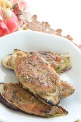 Pan fried minced pork stuffed eggplant for Chinese food image