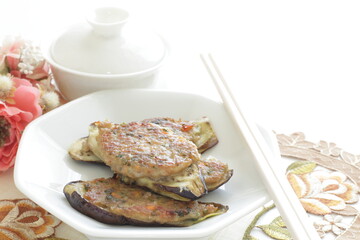 Pan fried minced pork stuffed eggplant for Chinese food image