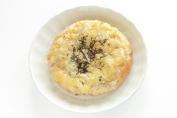 Japanese dried small fishes and seaweed with cheese bread