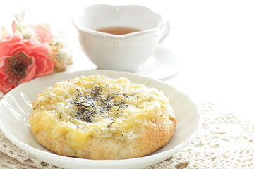 Japanese dried small fishes and seaweed with cheese bread