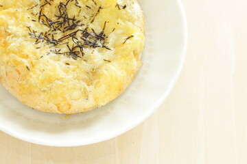 Japanese dried small fishes and seaweed with cheese bread