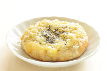 Japanese dried small fishes and seaweed with cheese bread