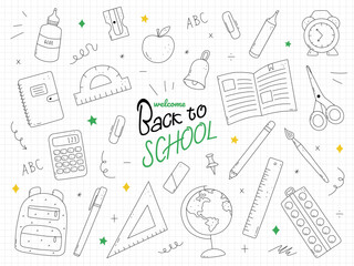 Back to school banner with school supplies on the square grid background. Vector set in a doodle style