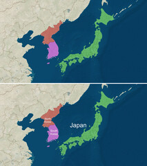 The map of Japan, North and South Korea with text, textless