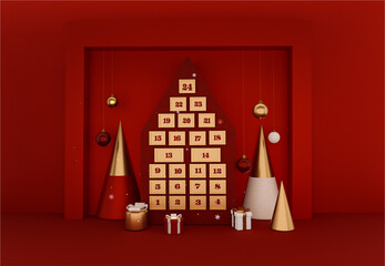 Christmas advent calendar. Decorative red house with number of calendar days of December, confetti, decorations on a red scene. New Year Concept for product. display podium. 3d render image - obrazy, fototapety, plakaty