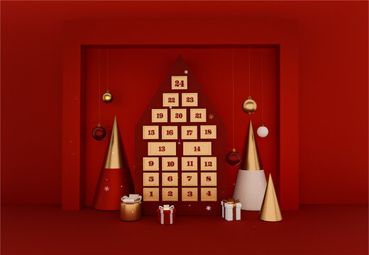 Christmas advent calendar. Decorative red house with number of calendar days of December, confetti, decorations on a red scene. New Year Concept for product. display podium. 3d render image