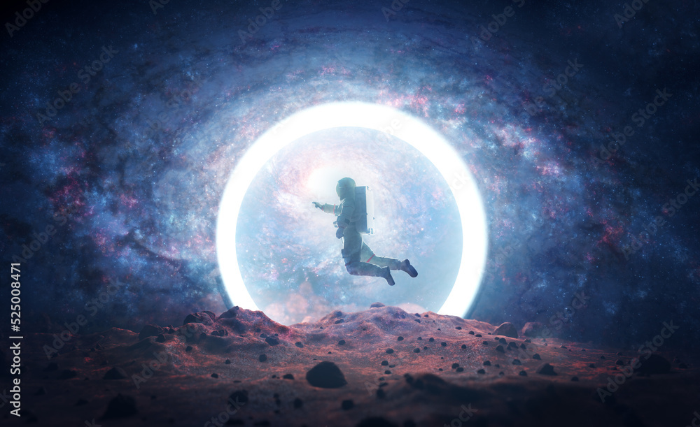 Poster astronaut on alien planet entering spacetime portal light