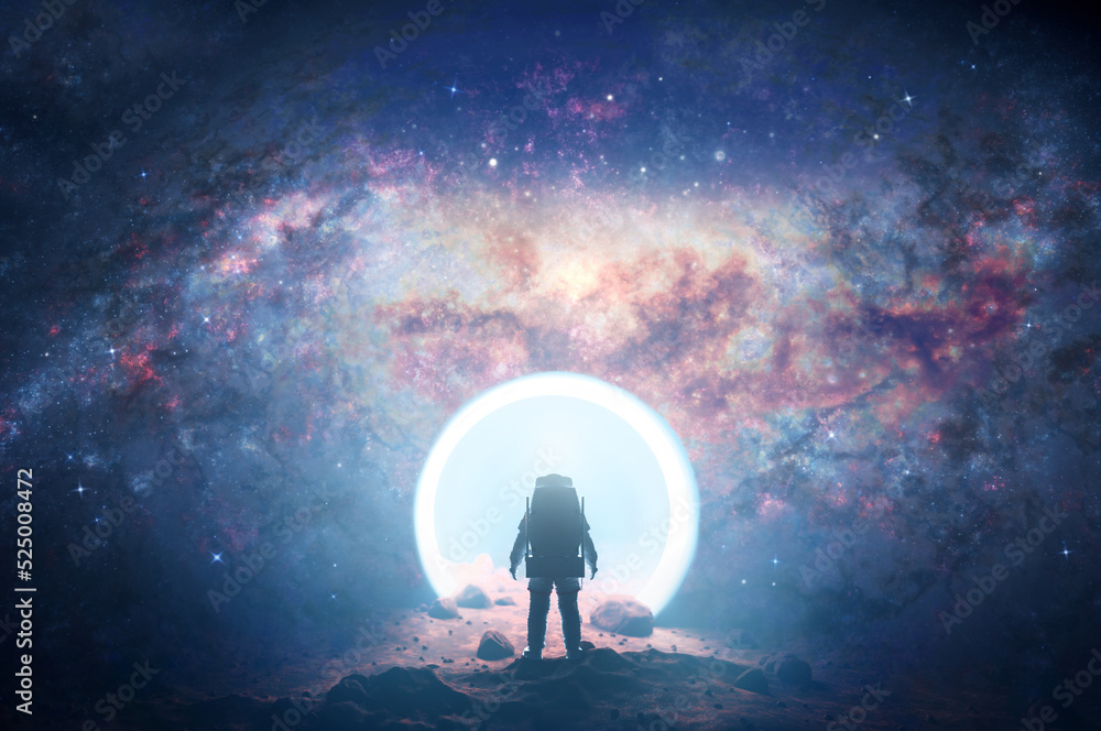 Poster astronaut on alien planet entering spacetime portal light