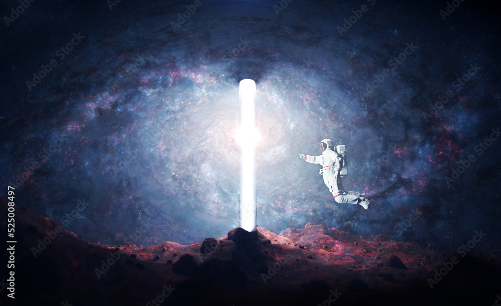 Poster astronaut on alien planet entering spacetime portal light