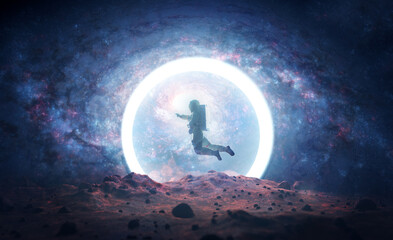Astronaut on alien planet entering spacetime portal light - obrazy, fototapety, plakaty