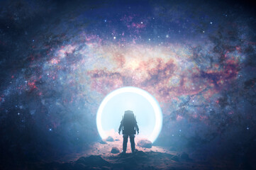 Astronaut on alien planet entering spacetime portal light