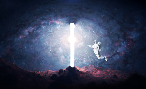 Astronaut on alien planet entering spacetime portal light