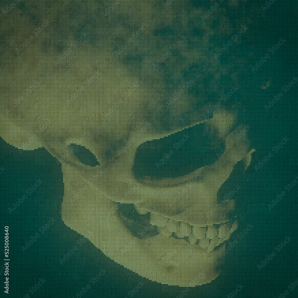 Aufkleber the skull pattern is made of glowing, colorful dots on the background of old shabby surface. 3d rend