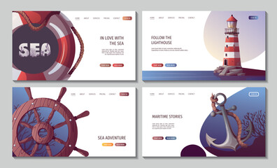 Set of web pages with steering wheel, anchor, lifebuoy, lighthouse. Maritime, sea coast, marine life, nautical concept. Vector illustration. Website, banner template.