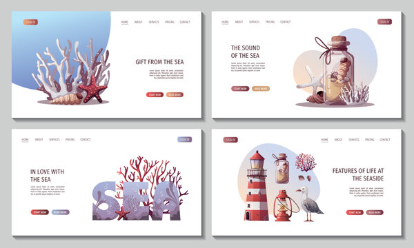 Set of web pages with Sand bottle, seagull, lighthouse, corals, kerosene lamp, starfishes, seashells. Maritime, sea coast, marine life, nautical concept. Vector illustration.