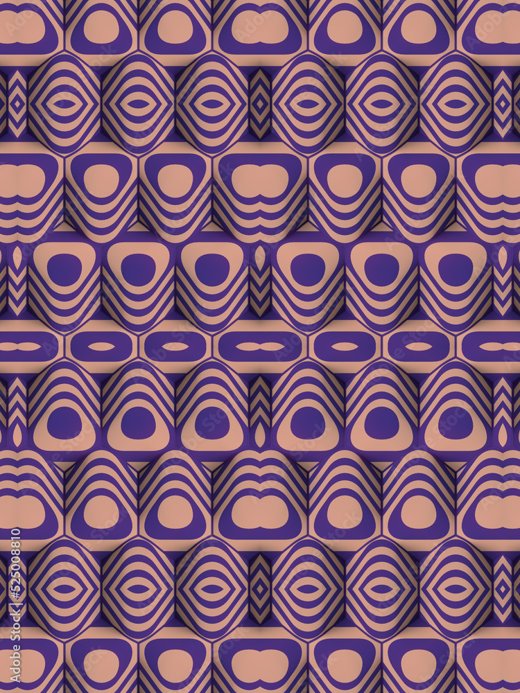 Poster Kaleidoscopic pattern of geometric shapes covered with a multicolored striped texture. 3d rendering digital illustration