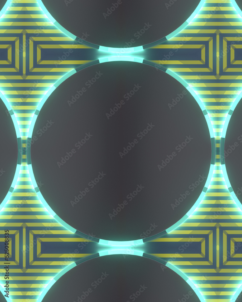 Poster Kaleidoscopic pattern with luminous spinning rings. Abstract light background. 3d rendering digital illustration