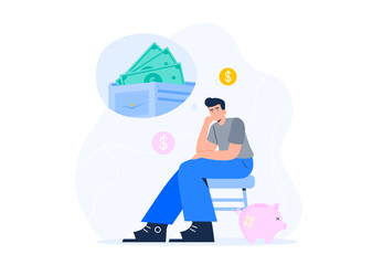Money shortage concept. Bankruptcy, poverty, debt, and economic crisis. A depressed man thinks about money and unpaid loans. Vector flat illustration isolated on the white background.