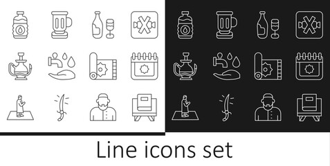 Set line Holy book of Koran, Ramadan calendar, Wine bottle with glass, Wudhu, Hookah, Bottle water, Traditional carpet and Medieval goblet icon. Vector