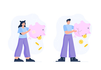 Lack of money concepts. Losing savings, poverty, debt, and financial crisis. Unhappy man and woman with a piggy bank in their hands. Vector flat illustrations isolated on the white background.