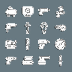 Set line Soldering iron, Circular saw blade, Angle grinder, Electric cordless screwdriver, Electrical hand concrete mixer, jigsaw, Air compressor and icon. Vector