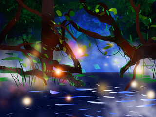 Fototapeta premium Beautiful Fantasy Forest At Night With Dreamy Faery Lights