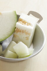 Chinese vegetable, chopped winter melon on stainless steel pan for cooking ingredient