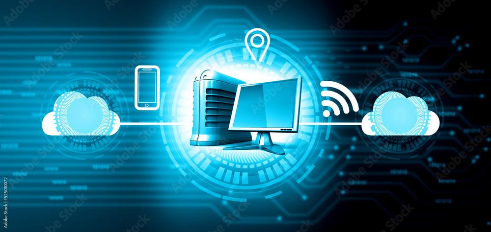 Poster computer with cloud network. cloud computing concept. 3d illustration..