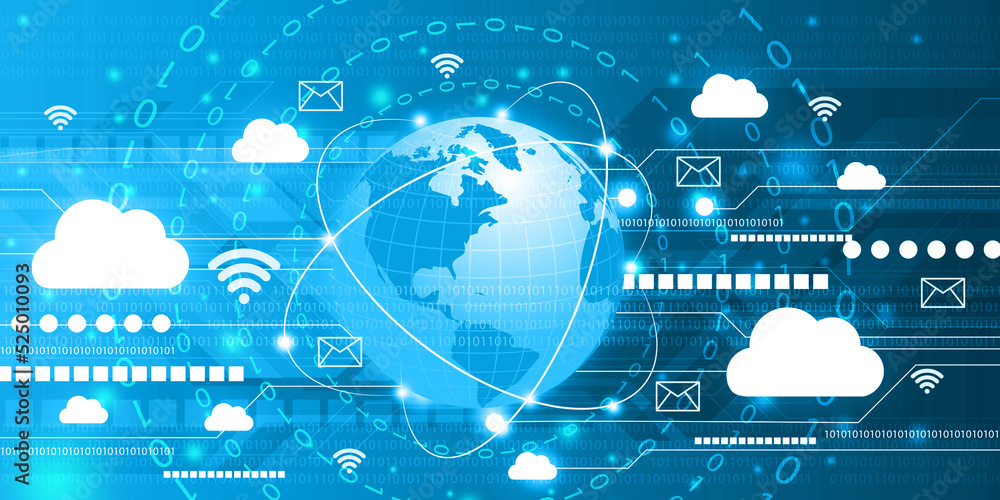 Poster global networking. world with cloud networking concept. 3d illustration.