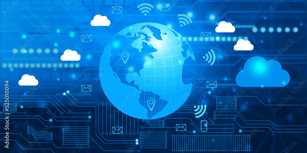 Poster global networking. world with cloud networking concept. 3d illustration.