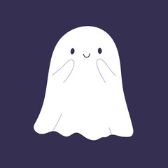 Cute happy Halloween ghost. Smiling cheerful lovely spook with friendly face expression, touched nice emotion. Sweet magic spirit character. Isolated childish flat vector illustration of phantom