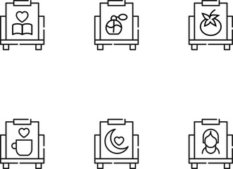 Modern monochrome symbols for web sites, apps, articles, stores, adverts. Editable strokes. Vector icon set with icons of heart over book, perfume, tomato, cup, mug, The moon, person on canvas