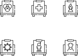 Modern monochrome symbols for web sites, apps, articles, stores, adverts. Editable strokes. Vector icon set with icon of circles, cross, fire, sun, astronaut, chef on canvas