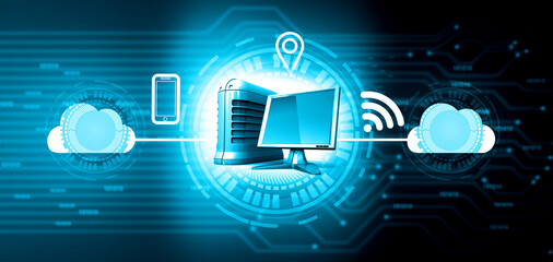 Computer with cloud network. Cloud computing concept. 3d illustration..